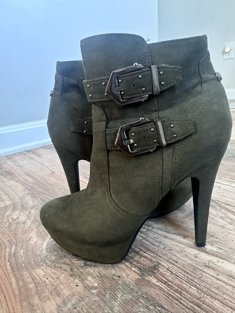 G by Guess Olive Suede Buckle Platform Ankle Boots